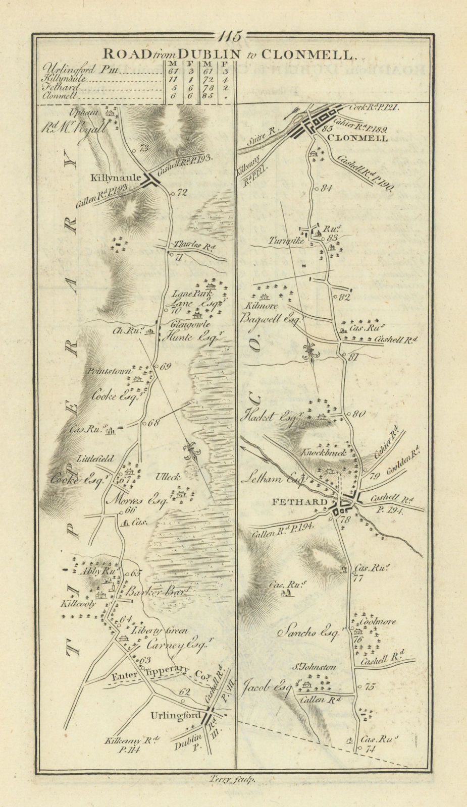 #115 Dublin to Clonmell. Killenaule Fethard Urlingford. TAYLOR/SKINNER 1778 map