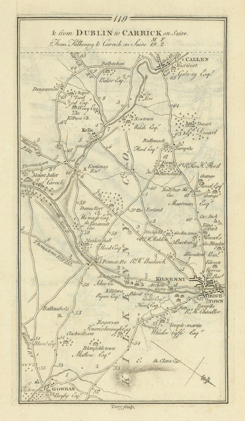 #119 Dublin to Carrick. Callan Kilkenny Gowran Kells. TAYLOR/SKINNER 1778 map