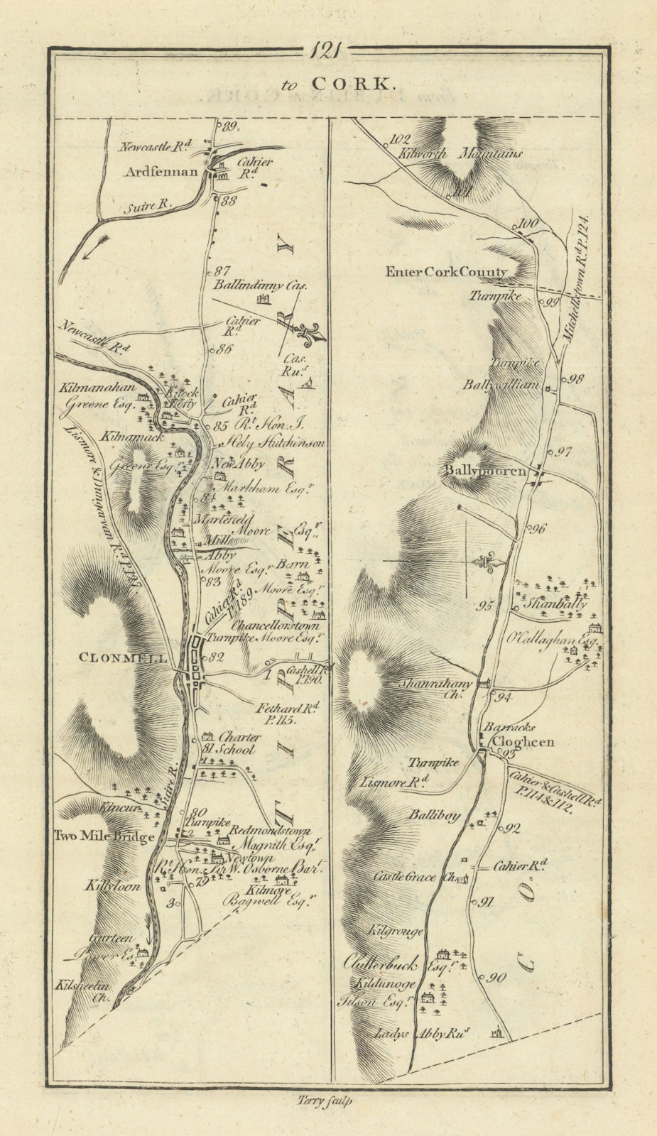 #121 Dublin to Cork. Ardfinnan Clonmel Clogheen. TAYLOR/SKINNER 1778 old map