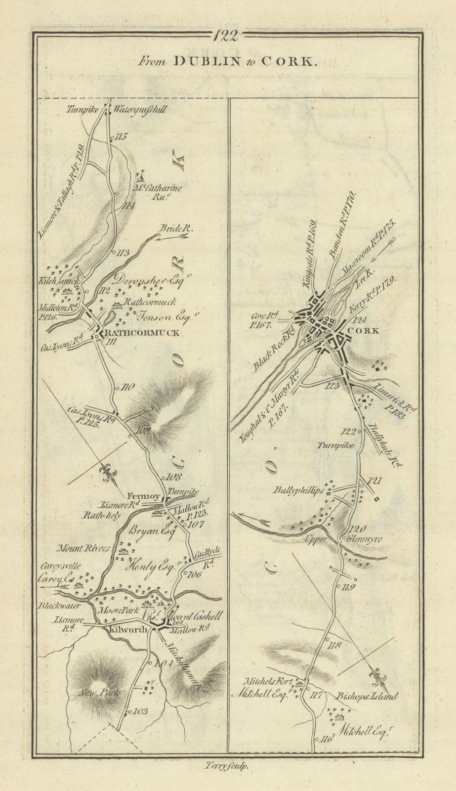 #122 Dublin to Cork. Rathcormac Fermoy Kilworth. TAYLOR/SKINNER 1778 old map