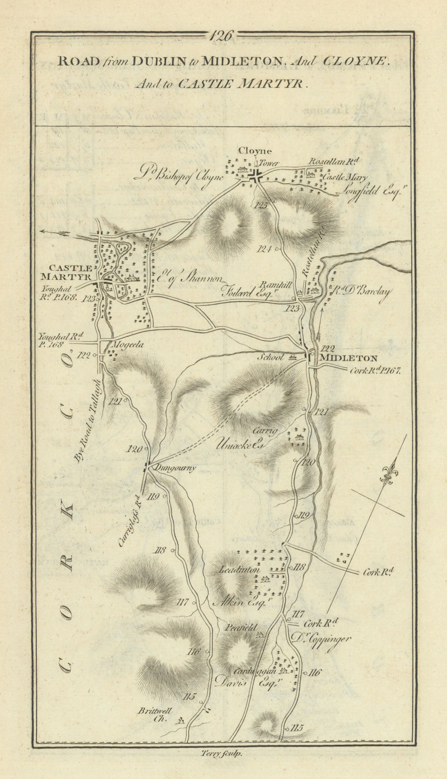 #126 Dublin to Midleton & Cloyne & Castlemartyr. Cork. TAYLOR/SKINNER 1778 map