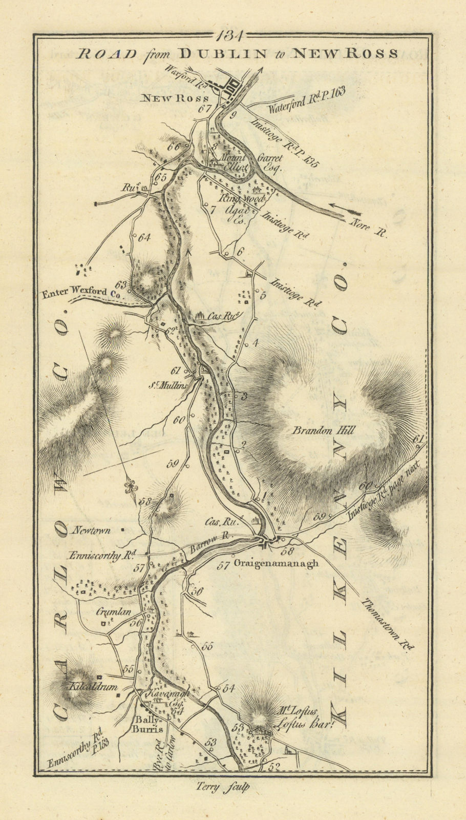 #134 From Dublin to New Ross. Graiguenamanagh Borris. TAYLOR/SKINNER 1778 map