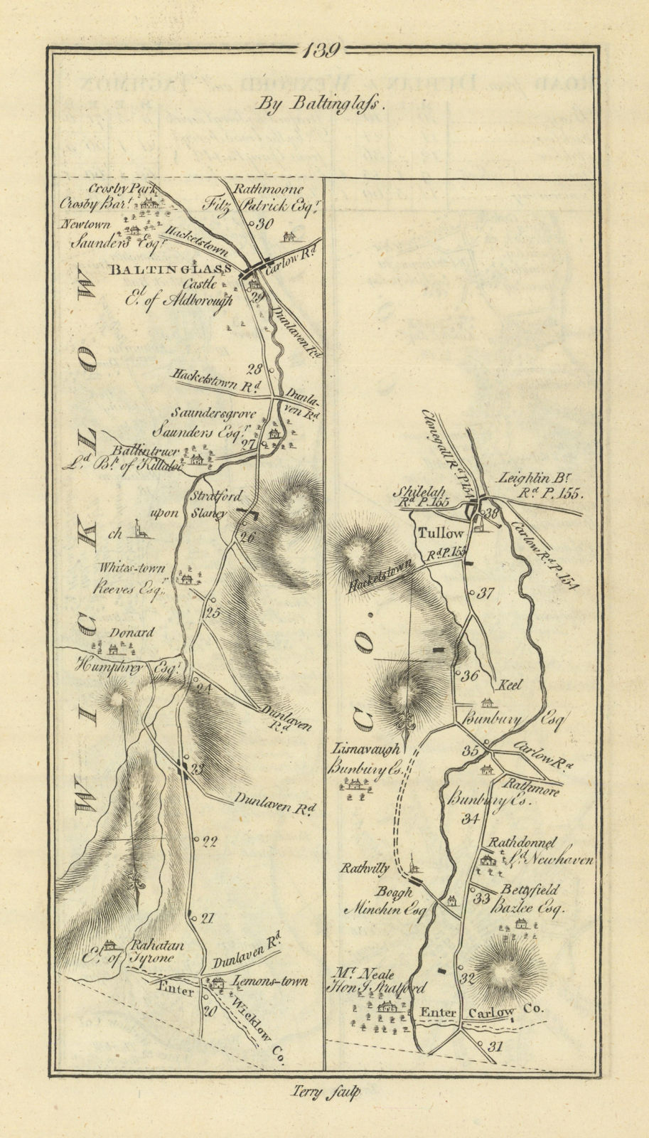 #139 Dublin to Tullow by Baltinglass. Carlow Wicklow. TAYLOR/SKINNER 1778 map