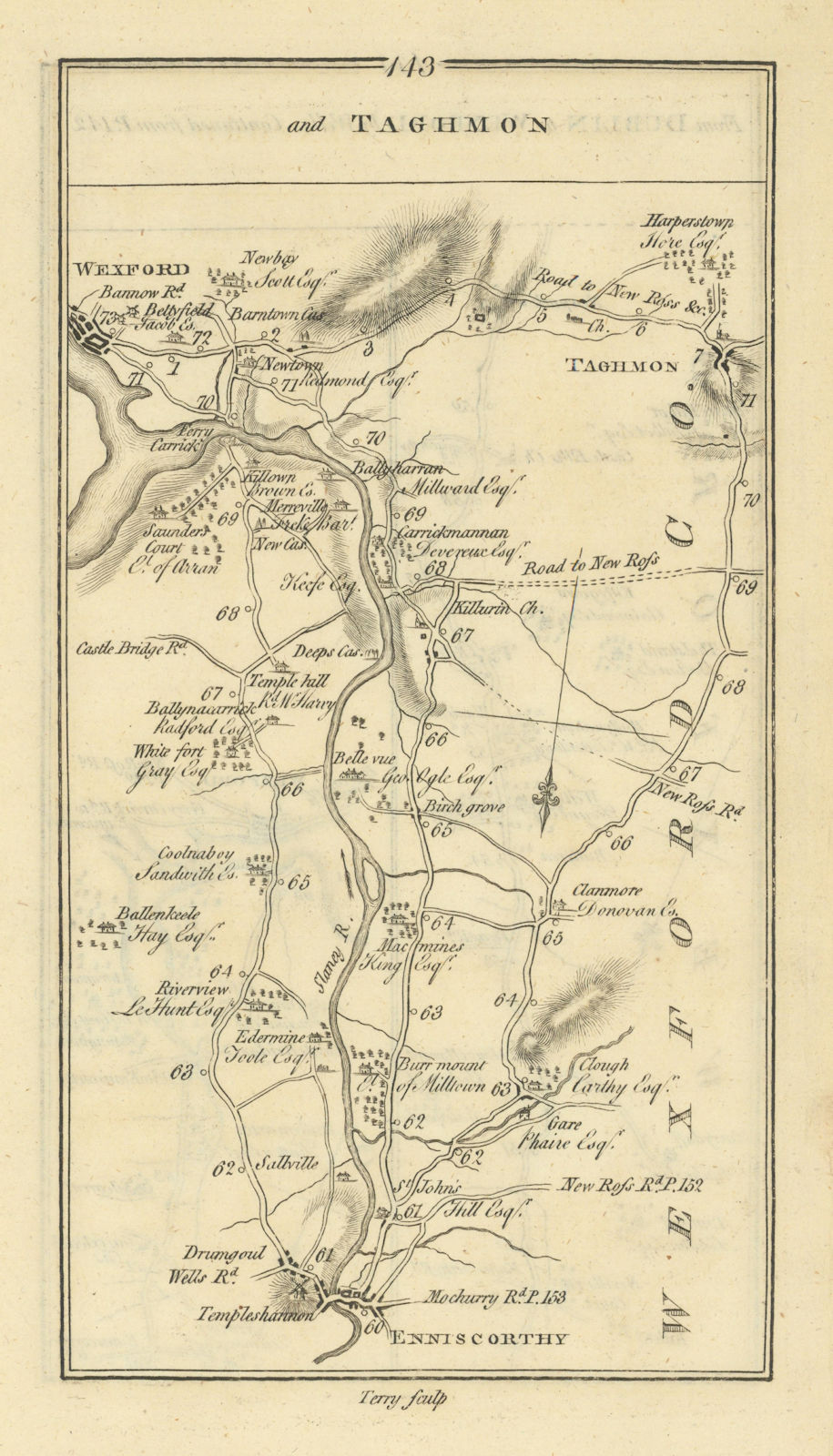 #143 Dublin to Wexford & Taghmon. Enniscorthy Wexford. TAYLOR/SKINNER 1778 map