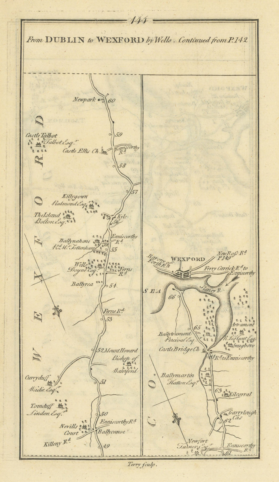 #144 Dublin to Wexford by Wells. Ballycanew Castlebridge TAYLOR/SKINNER 1778 map