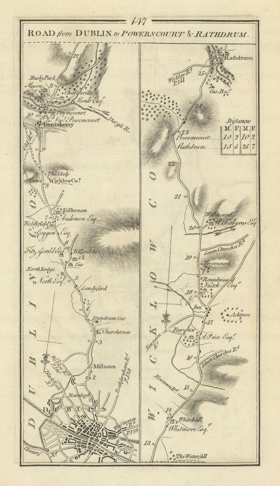 #147 Dublin to Powerscourt & Rathdrum. Enniskerry. TAYLOR/SKINNER 1778 old map