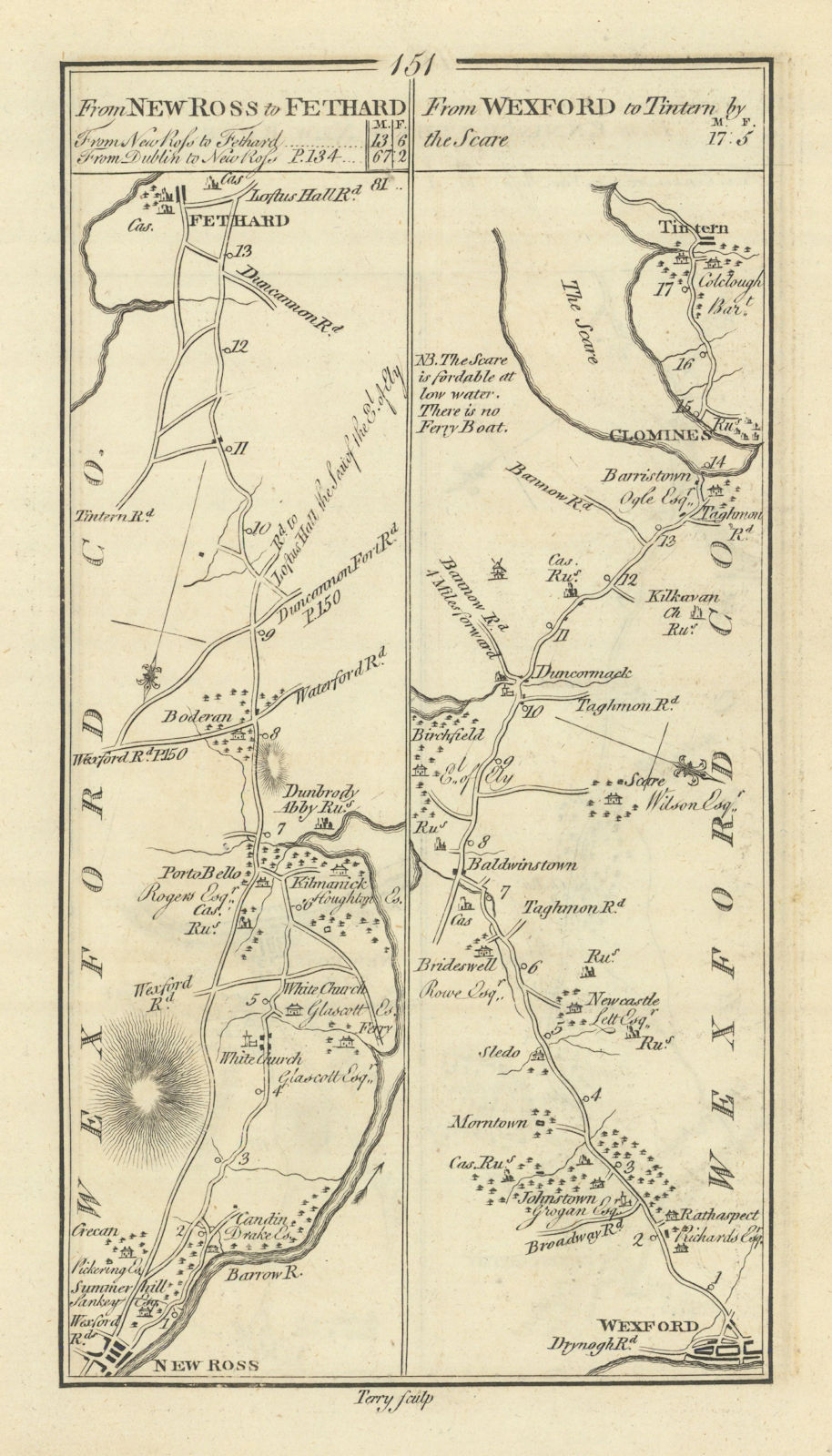 Associate Product #151 New Ross to Fethard / Wexford to Tintern. Clonmines TAYLOR/SKINNER 1778 map