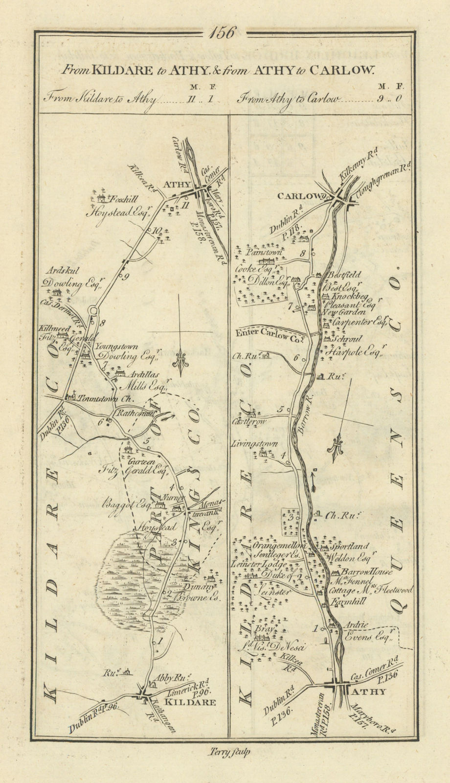 Associate Product #156 Kildare to Athy & Athy to Carlow. TAYLOR/SKINNER 1778 old antique map
