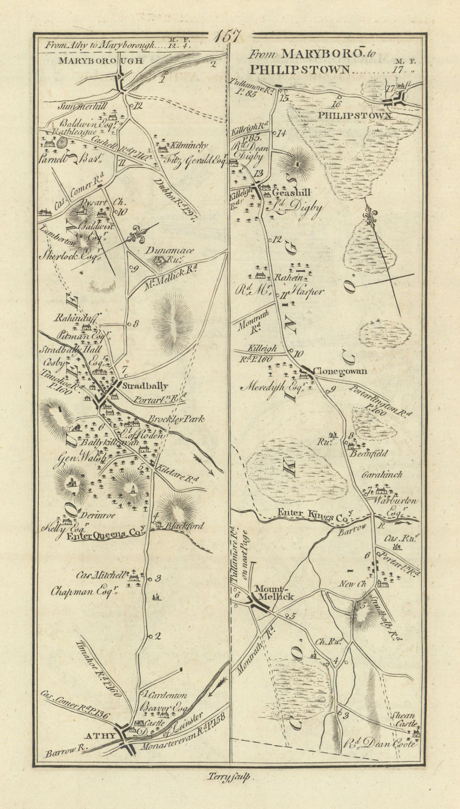 #157 Athy Portlaoise Daingean. Stradbally Mountmellick. TAYLOR/SKINNER 1778 map
