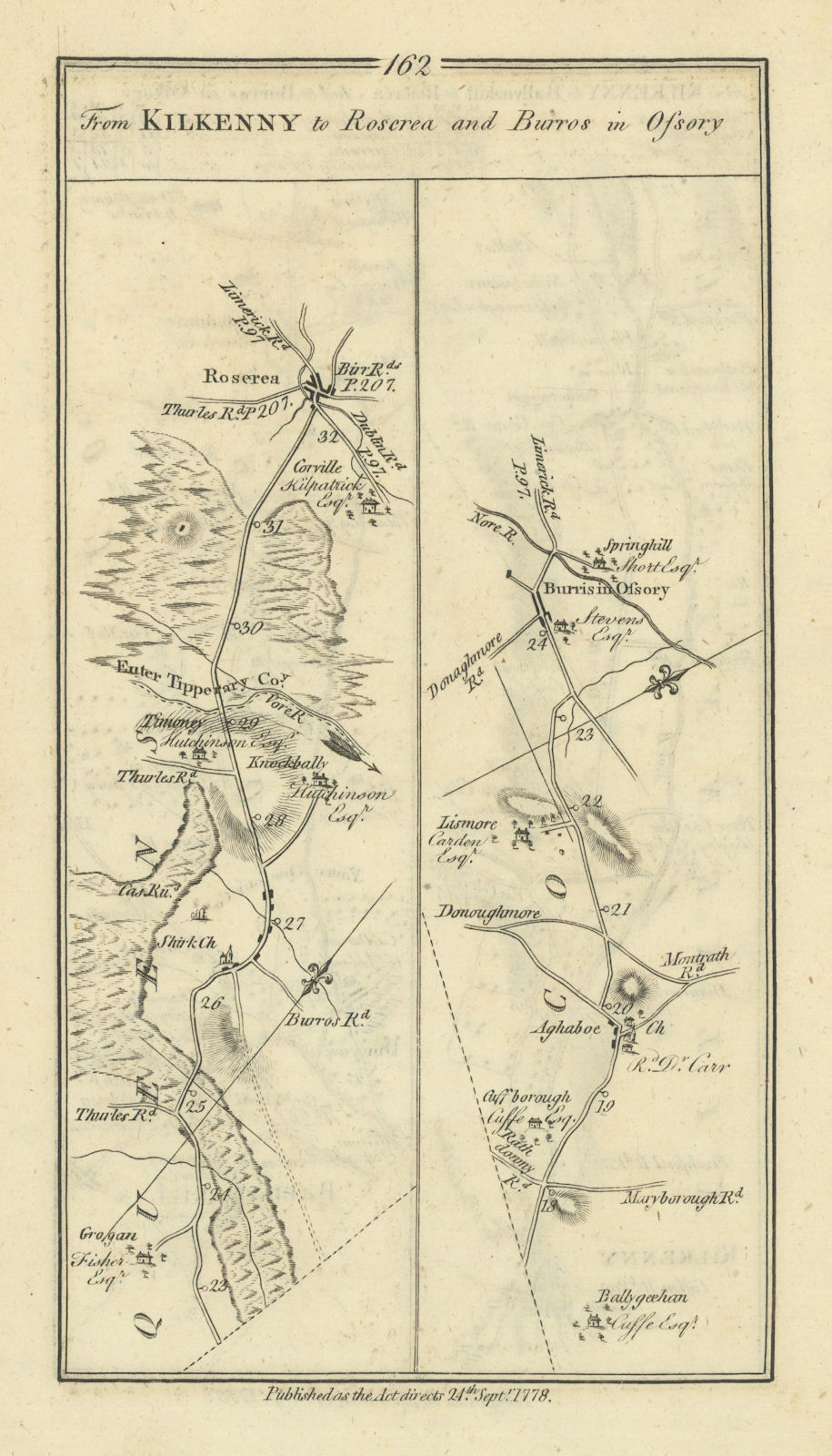#162 Kilkenny to Roscrea & Borris-in-Ossory. Aghaboe. TAYLOR/SKINNER 1778 map