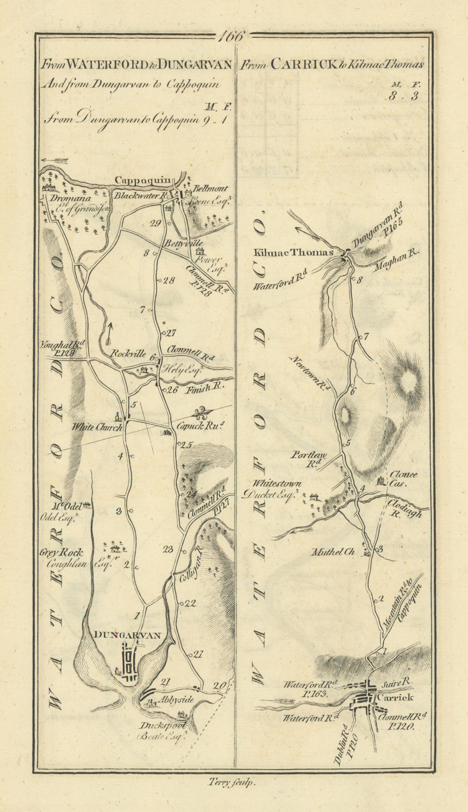 #166 Dungarvan-Cappoquin. Carrick-on-Suir-Kilmacthomas. TAYLOR/SKINNER 1778 map