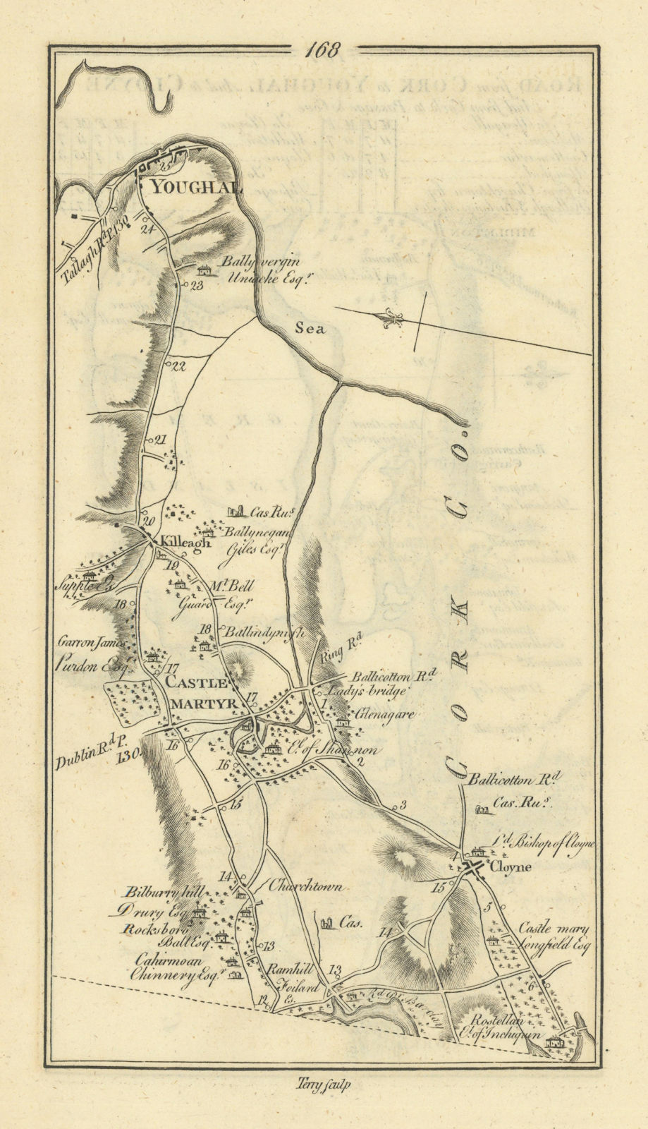 #168 Cork to Youghal. Killeagh Castlemartyr Cloyne. TAYLOR/SKINNER 1778 map