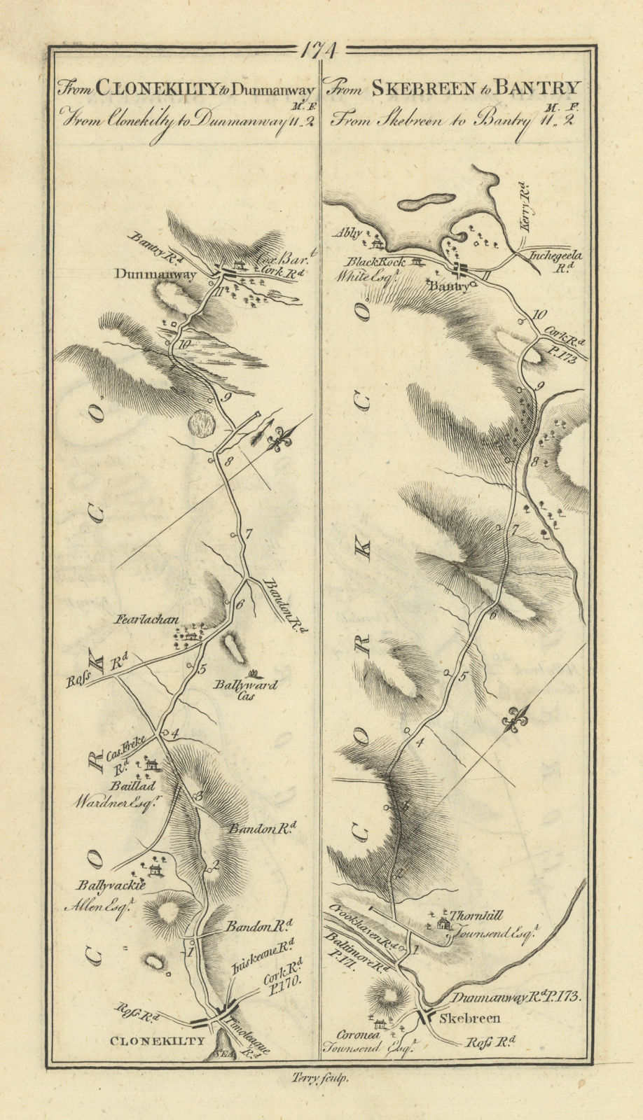 #174 Clonakilty to Dunmanway/Skibbereen to Bantry. Cork. TAYLOR/SKINNER 1778 map