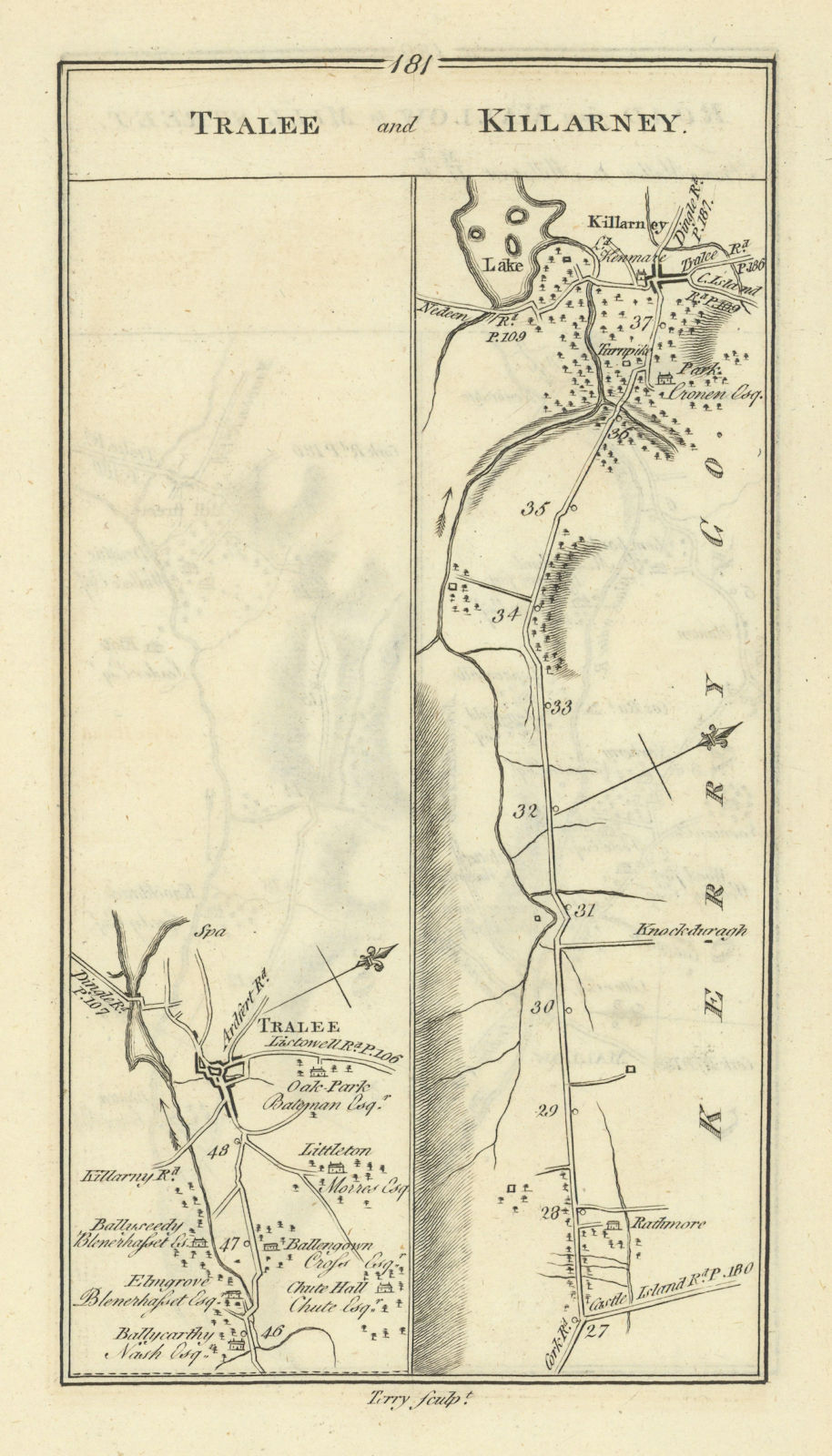 Associate Product #181 [Road from Cork to] Tralee and Killarney. Kerry. TAYLOR/SKINNER 1778 map