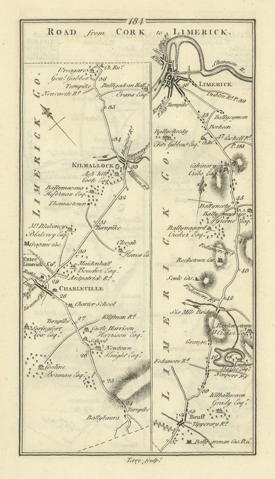 #184 Cork to Limerick. Charleville Kilmallock Bruff. TAYLOR/SKINNER 1778 map