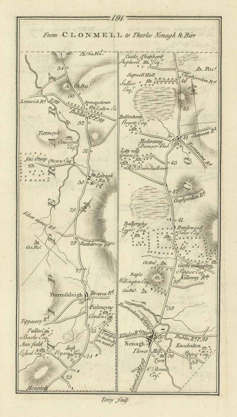 #191 Clonmell to Thurles, Nenagh & Birr. Borrisoleigh. TAYLOR/SKINNER 1778 map