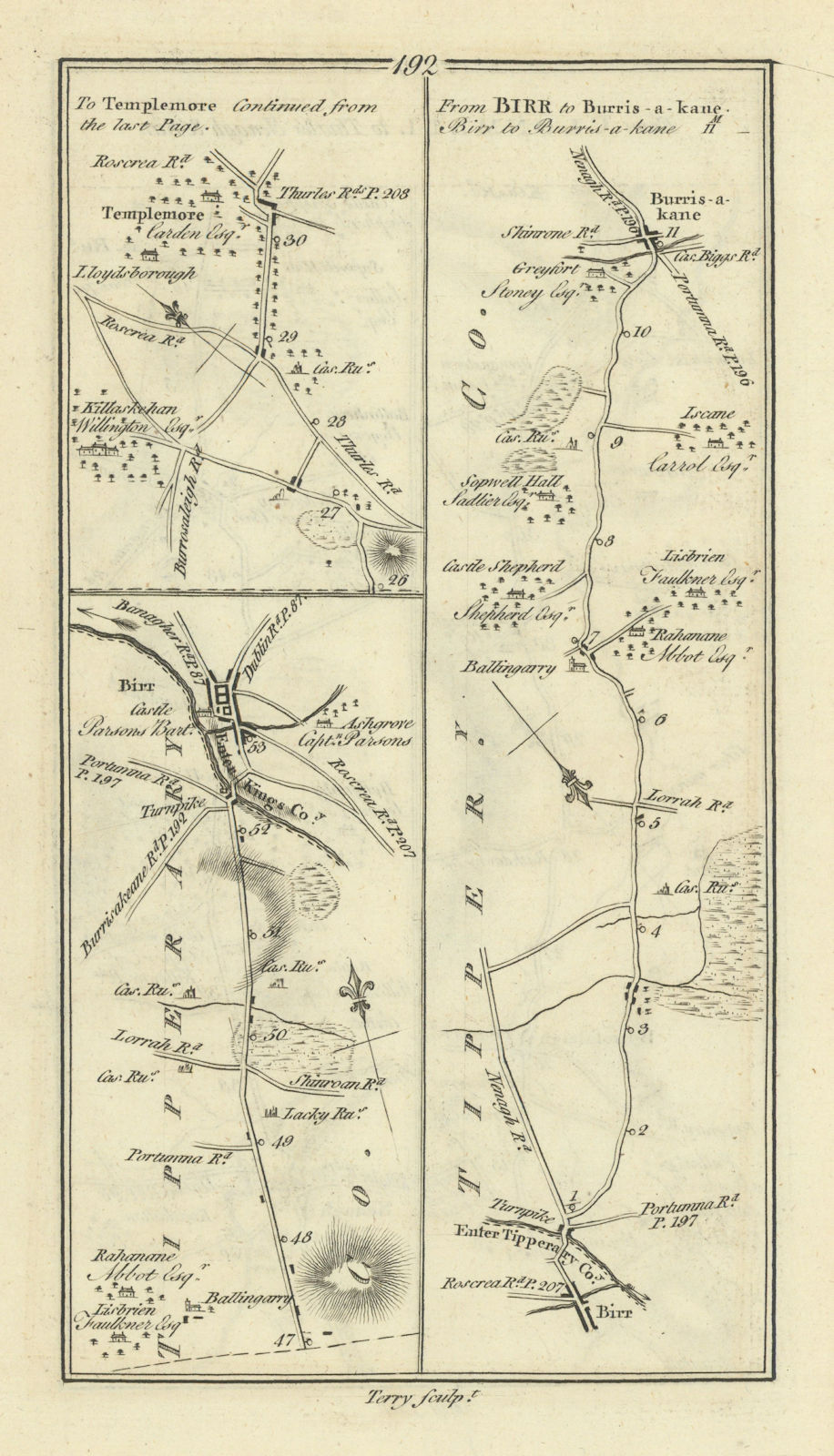 #192 To Templemore/Birr to Borrisokane. Tipperary Offaly TAYLOR/SKINNER 1778 map