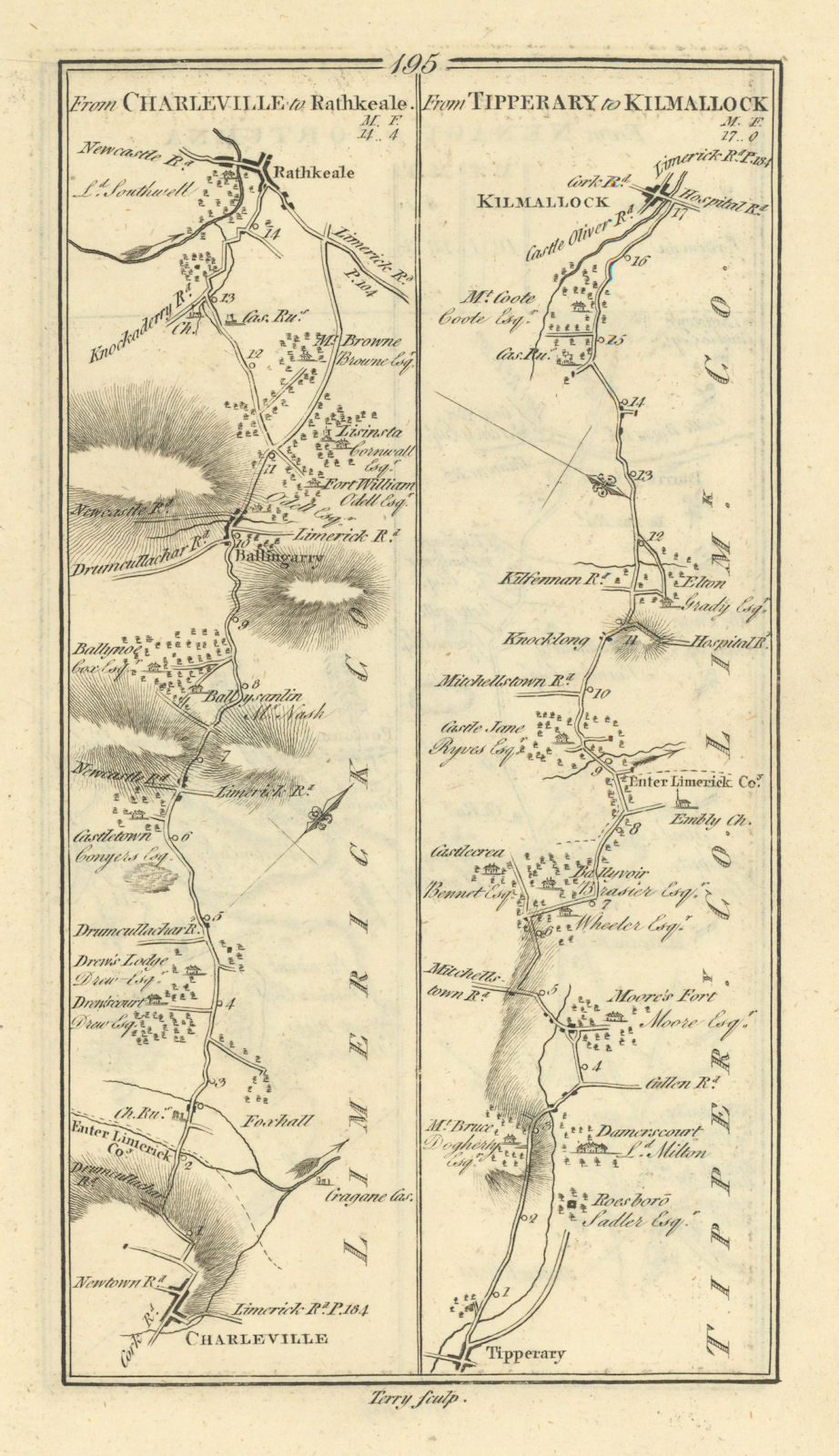 #195 Charleville to Rathkeale / Tipperary to Kilmallock. TAYLOR/SKINNER 1778 map