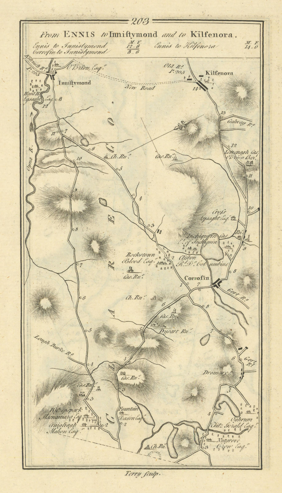 #203 Ennis to Ennistymon & Kilfenora. Kilfenora Corofin. TAYLOR/SKINNER 1778 map