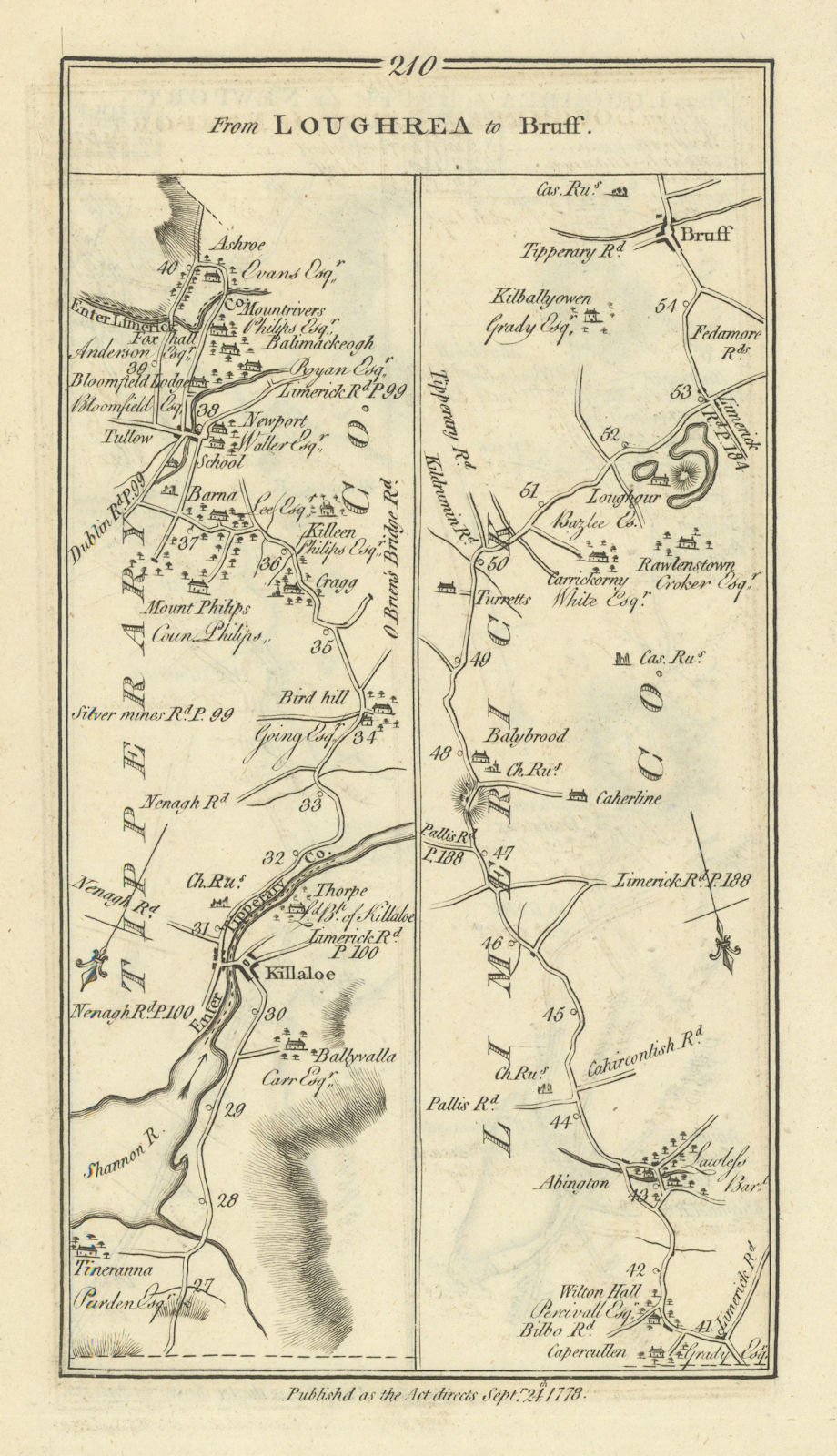#210 Loughrea to Bruff by Newport. Killaloe Mayo Clare. TAYLOR/SKINNER 1778 map