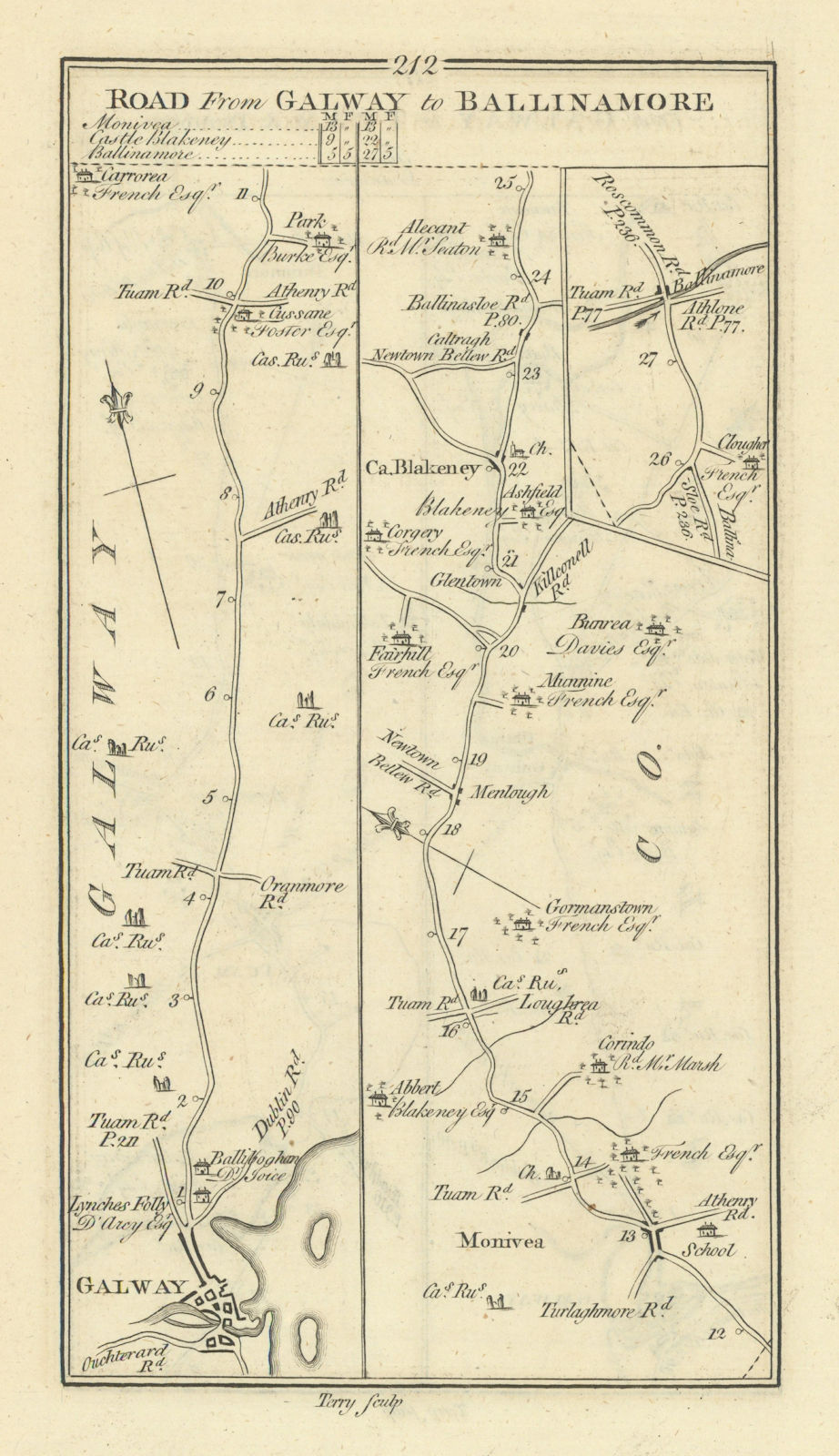 #212 Galway to Ballinamore. Castleblakeney Leitrim. TAYLOR/SKINNER 1778 map