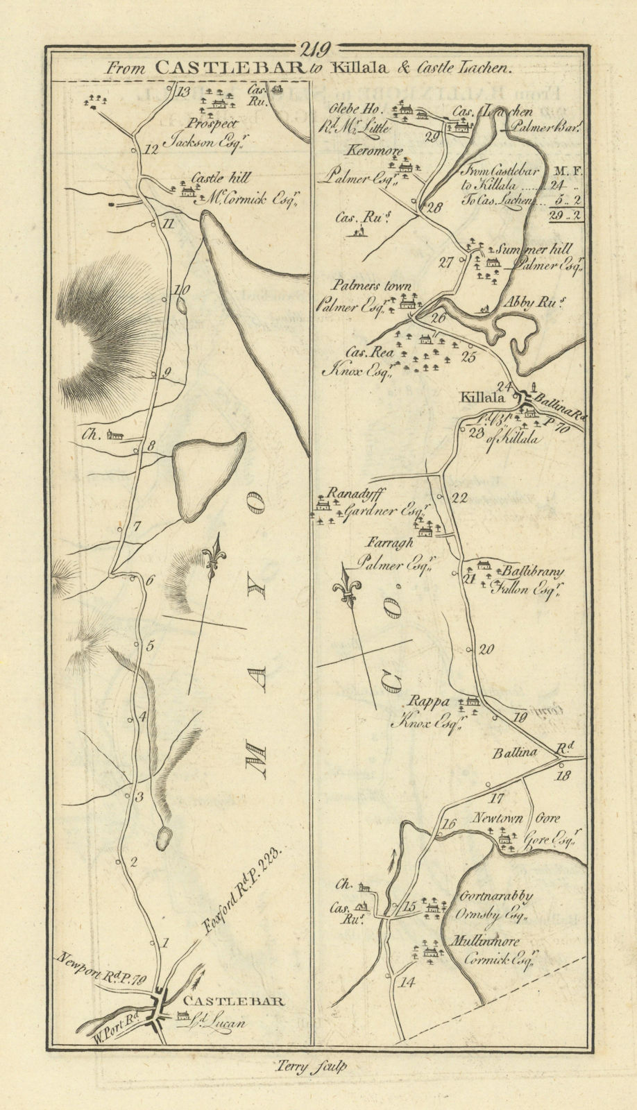#219 From Castlebar to Killala & Castle Lachan. Mayo. TAYLOR/SKINNER 1778 map
