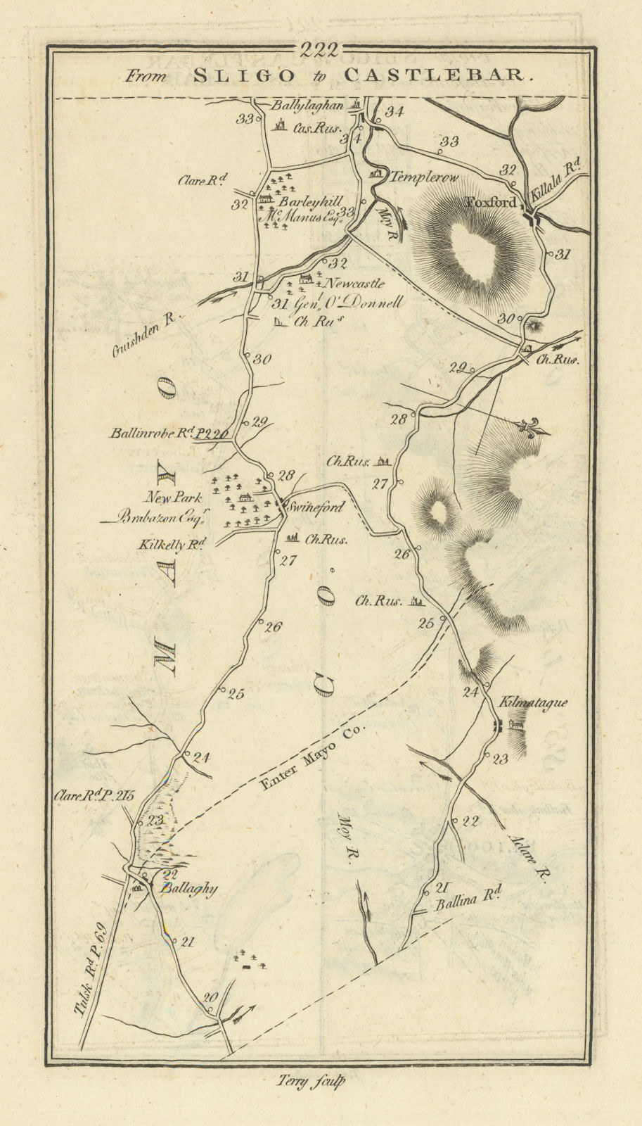 #222 From Sligo to Castlebar. Foxford Swinford Mayo. TAYLOR/SKINNER 1778 map