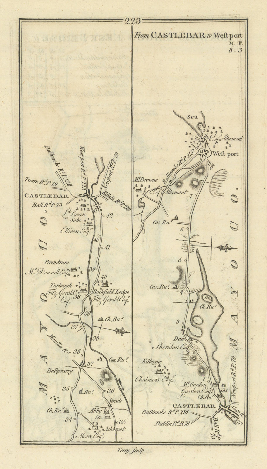 #223 Sligo to Castlebar / Castlebar to Westport. Mayo. TAYLOR/SKINNER 1778 map