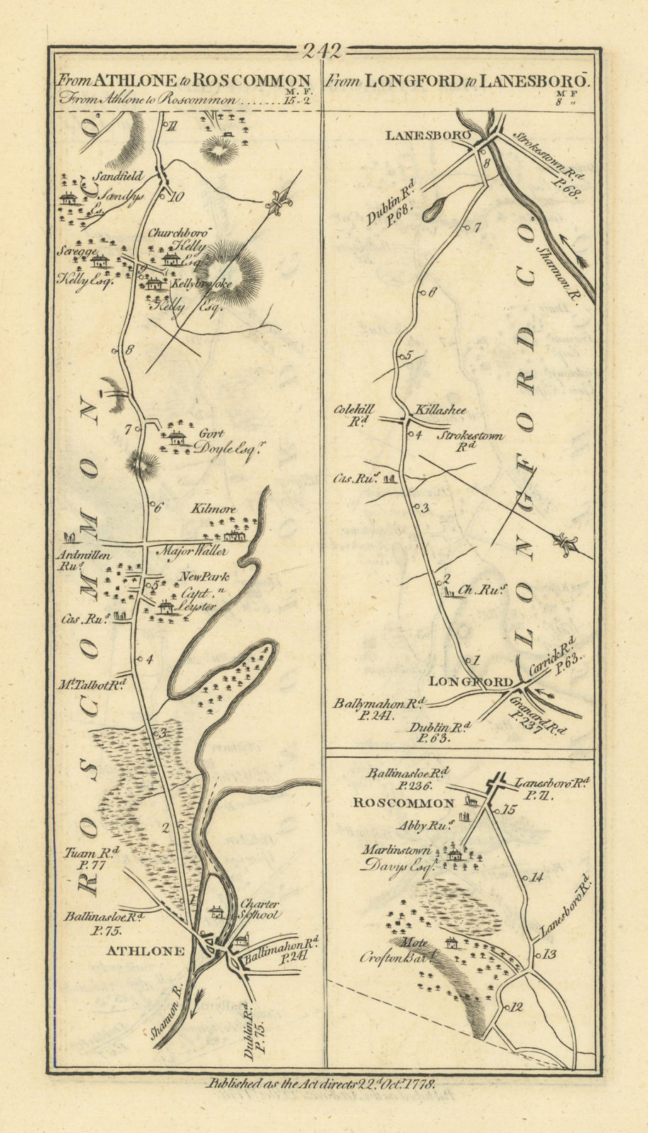 Associate Product #242 Athlone to Roscommon. Longford to Lanesborough. TAYLOR/SKINNER 1778 map