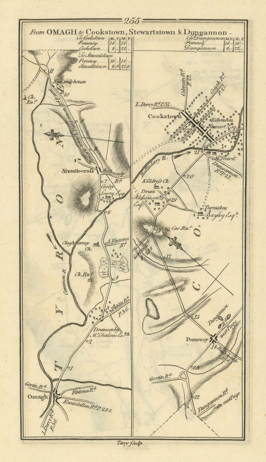#255 Omagh to Cookstown. Sixmilecross Pomeroy Tyrone. TAYLOR/SKINNER 1778 map