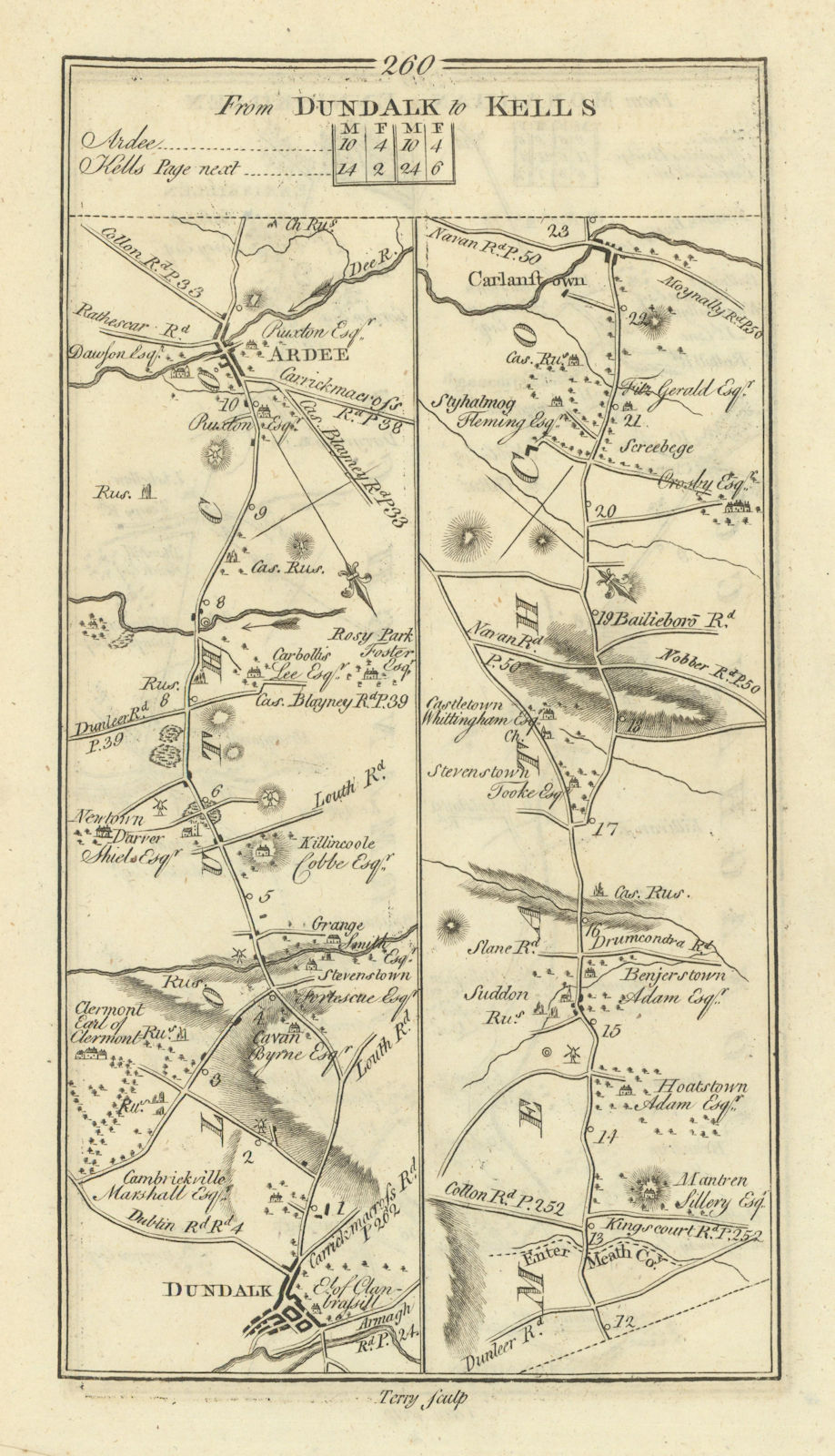#260 Dundalk to Kells. Ardee Carlanstown Louth Meath TAYLOR/SKINNER 1778 map