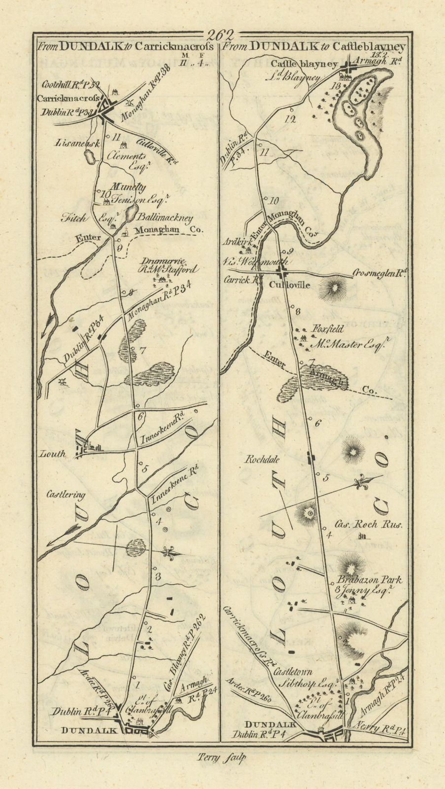 #262 Dundalk to Carrickmacross & Castleblayney. TAYLOR/SKINNER 1778 old map