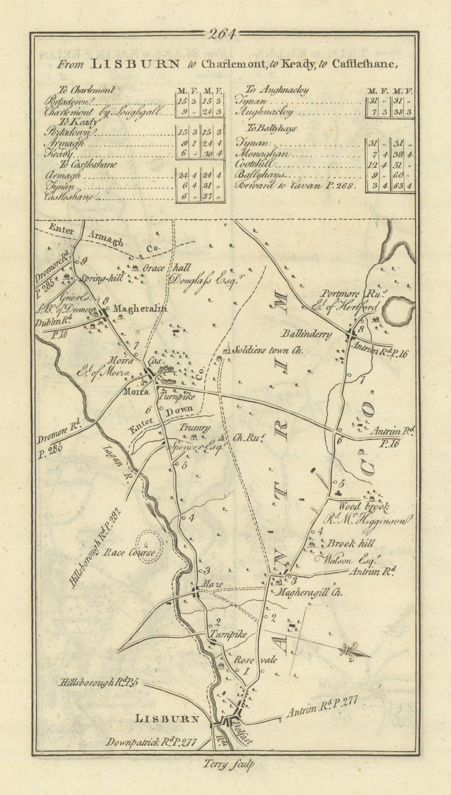 #264 Lisburn to Charlemont. Magheralin Lisburn Moira. TAYLOR/SKINNER 1778 map