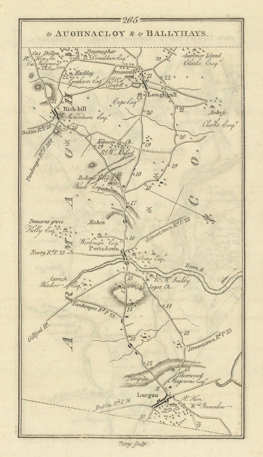 #265 Lisburn to Keady… Richhill Portadown Lurgan. TAYLOR/SKINNER 1778 old map