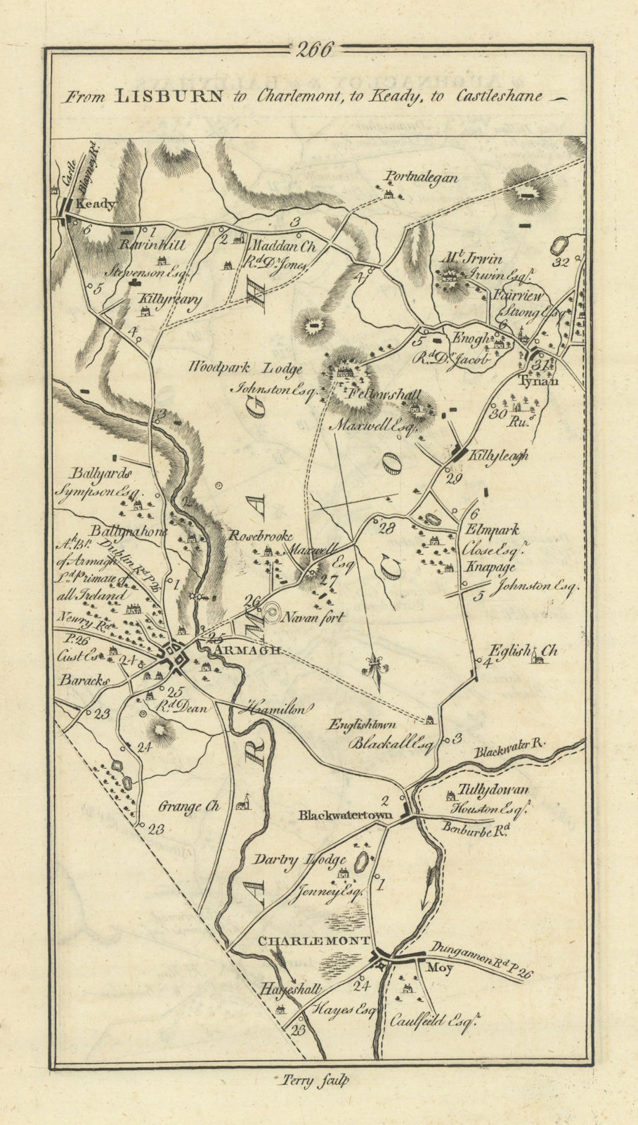 #266 Lisburn to Charlemont Keady. Armagh Blackwatertown TAYLOR/SKINNER 1778 map