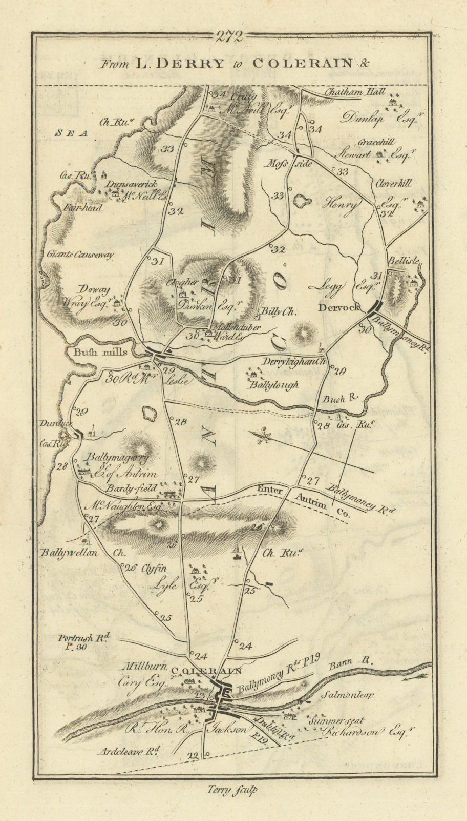 #272 Londonderry to Coleraine/Glenarm. Bushmills Dervock TAYLOR/SKINNER 1778 map