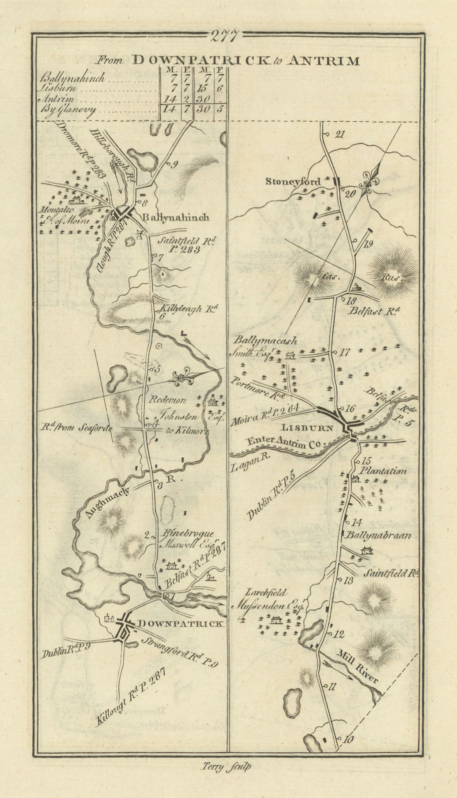 #277 Downpatrick to Antrim. Ballynahinch Lisburn. TAYLOR/SKINNER 1778 old map