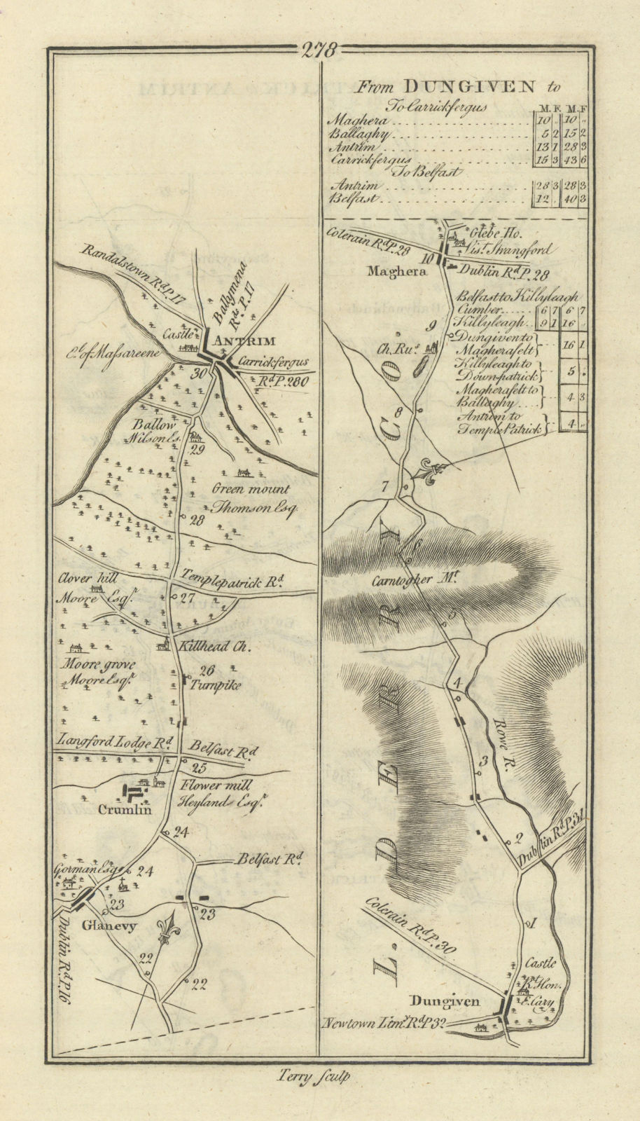 #278 Dungiven to Carrickfergus. Antrim Maghera Glenavy. TAYLOR/SKINNER 1778 map