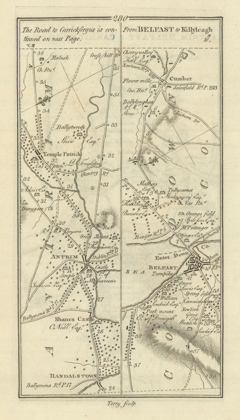Associate Product #280 Belfast to Killyleagh. Templepatrick Comber Antrim. TAYLOR/SKINNER 1778 map