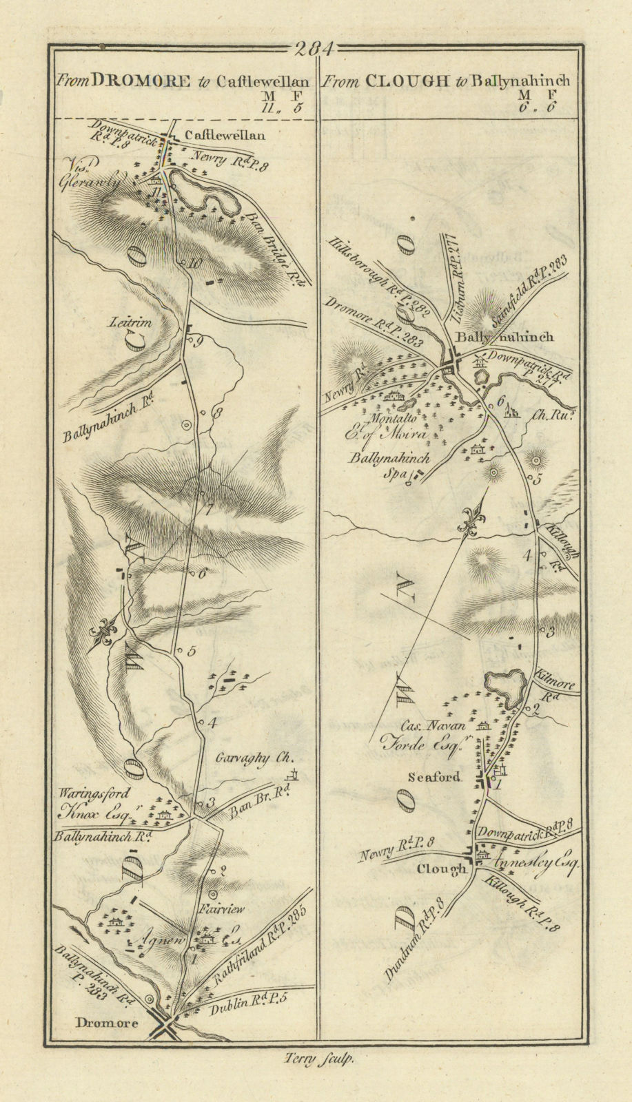 #284 Dromore to Castlewellan. Clough to Ballynahinch. TAYLOR/SKINNER 1778 map