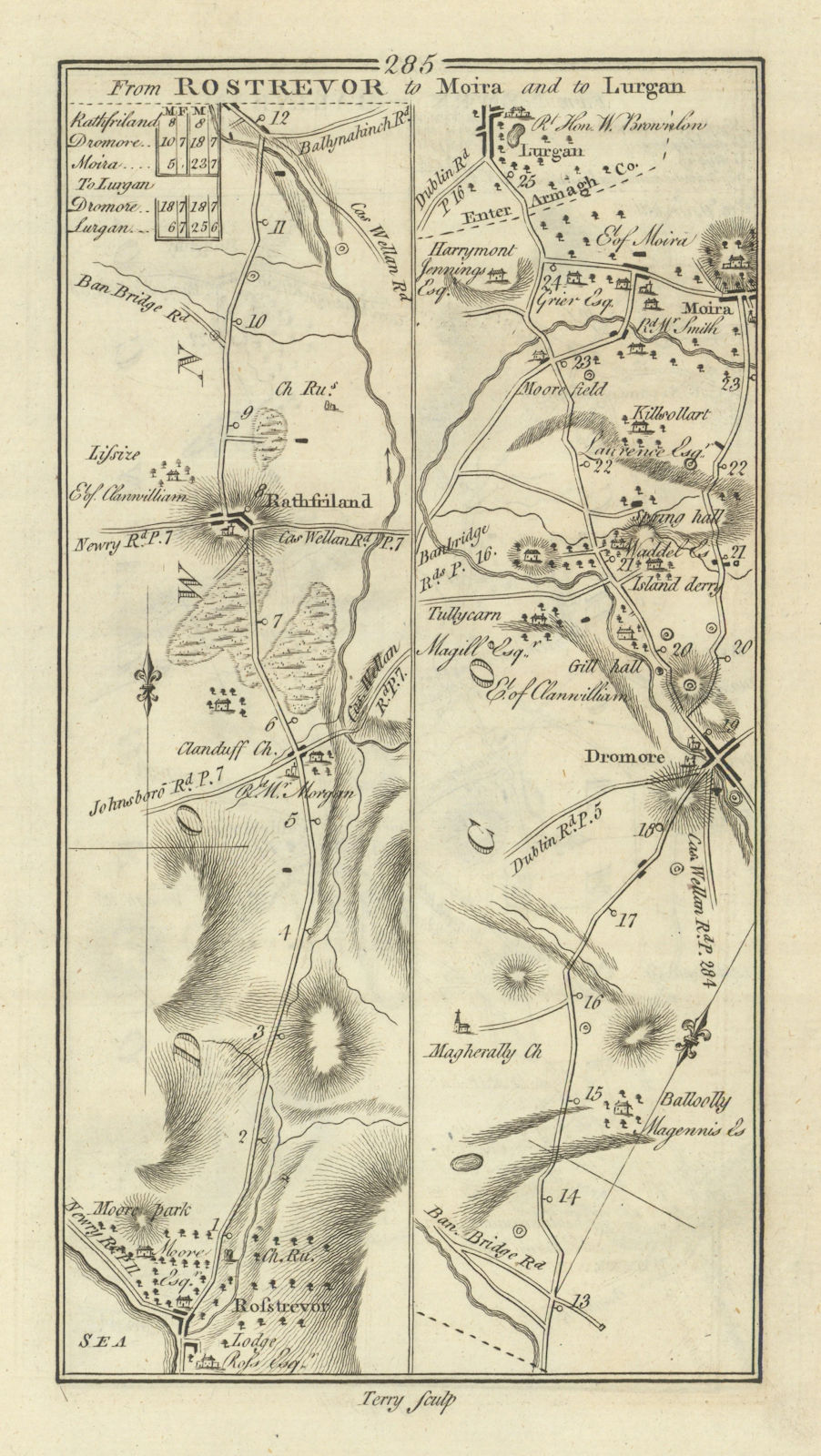 #285 Rostrevor to Moira & Lurgan. Dromore Rathfriland. TAYLOR/SKINNER 1778 map