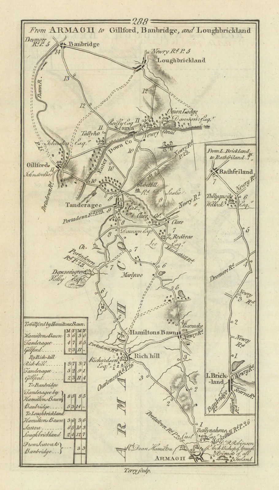 #288 Armagh to Gilford, Banbridge… Tandragee Richhill. TAYLOR/SKINNER 1778 map