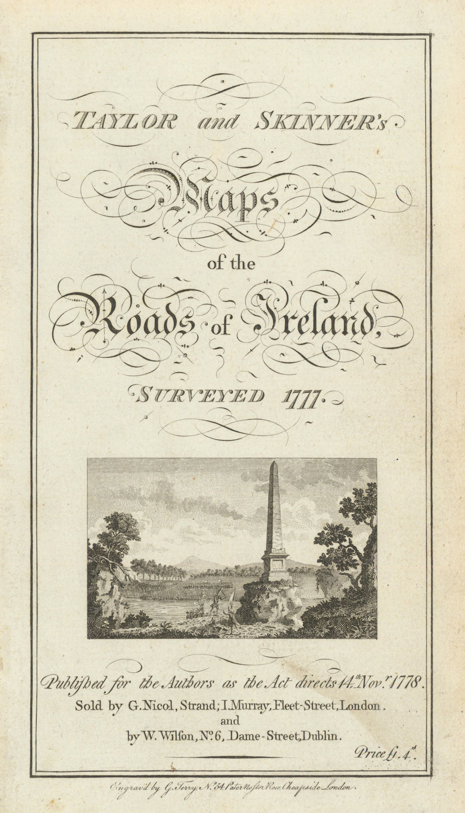 Taylor & Skinner's maps of the Roads of Ireland title page. Boyne Obelisk 1778