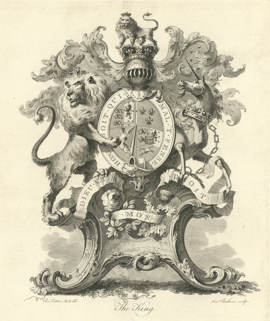 The King. British Royal coat of arms & motto. Honi Soit qui mal y pense 1790