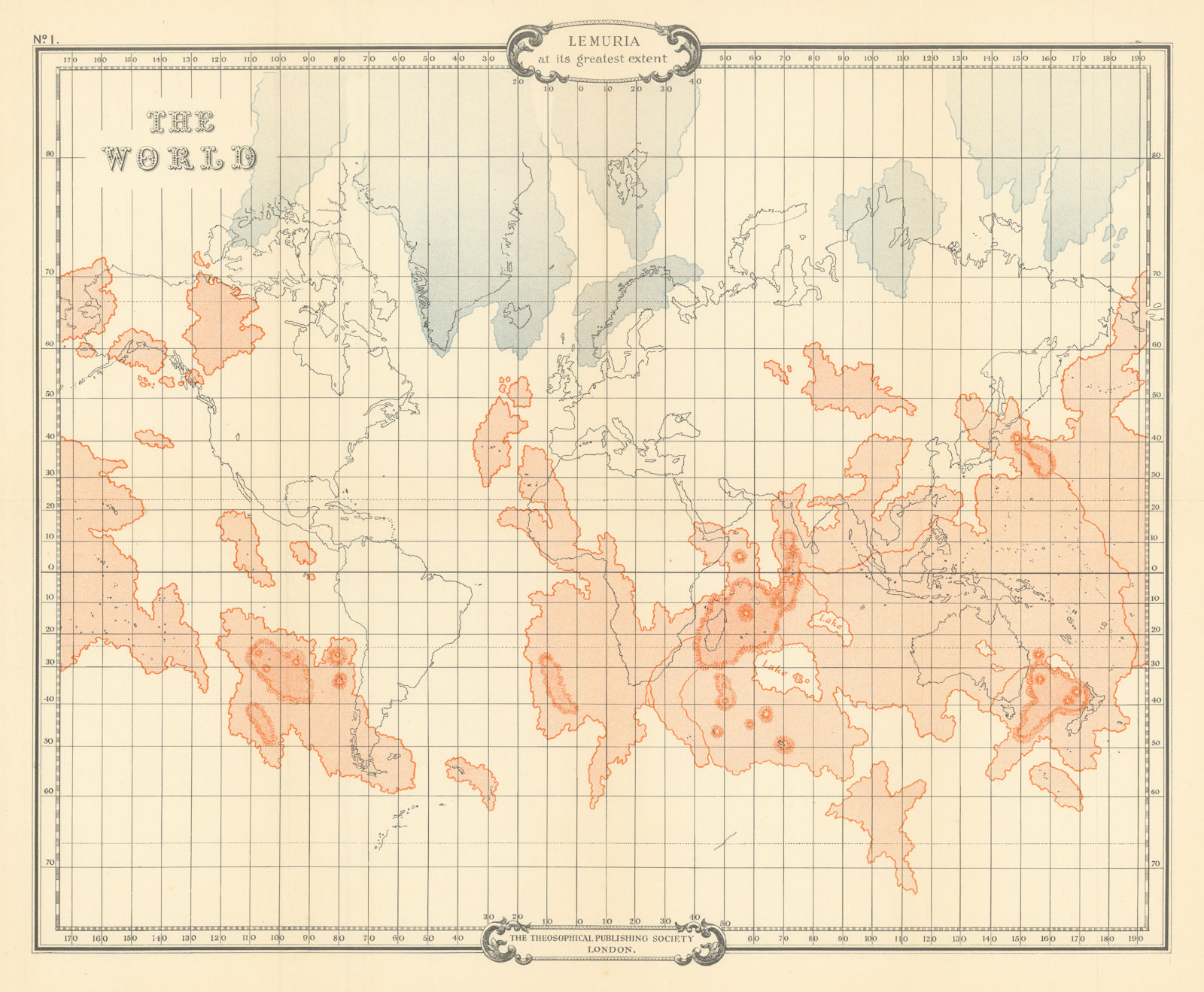 The World showing Lemuria at its greatest extent. SCOTT-ELLIOT 1925 old map