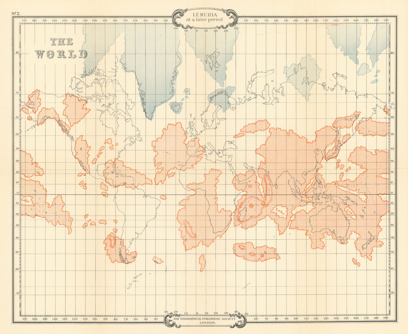 The World showing Lemuria at a later period. SCOTT-ELLIOT 1925 old vintage map