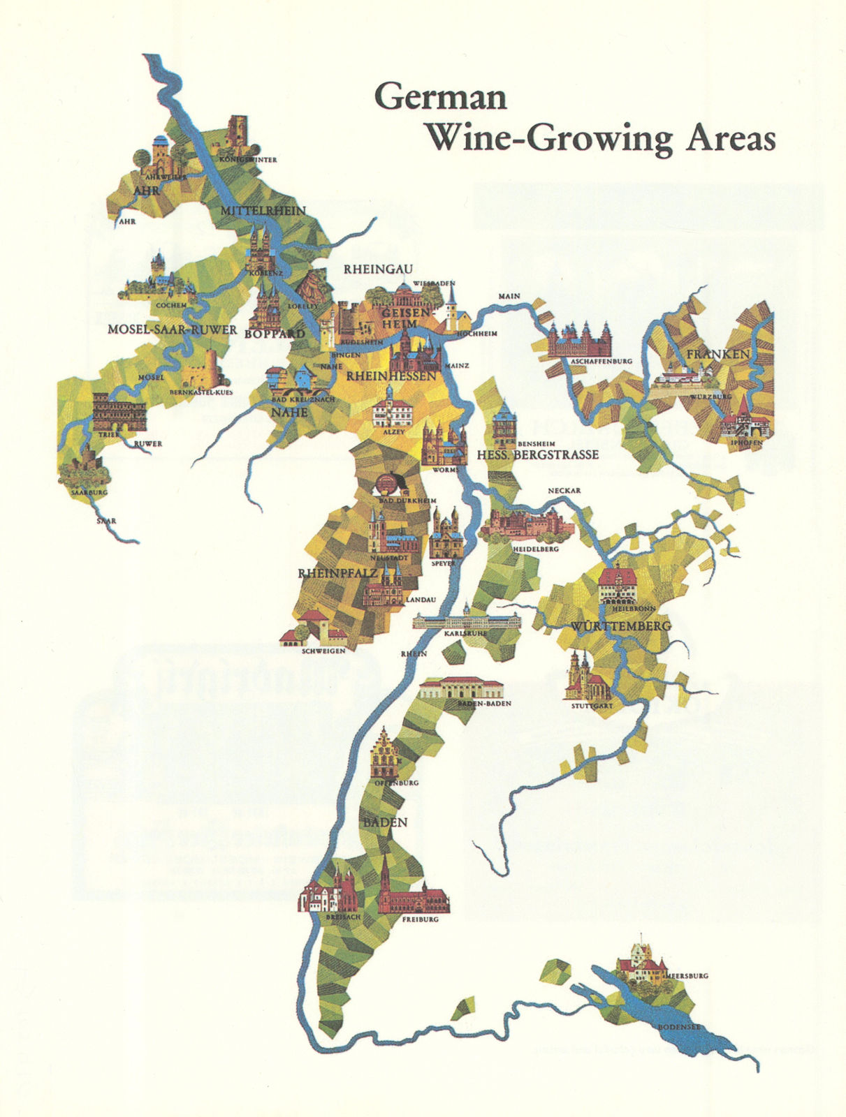 German Wine-Growing Areas. Pictorial map. Rhine 1979 old vintage chart
