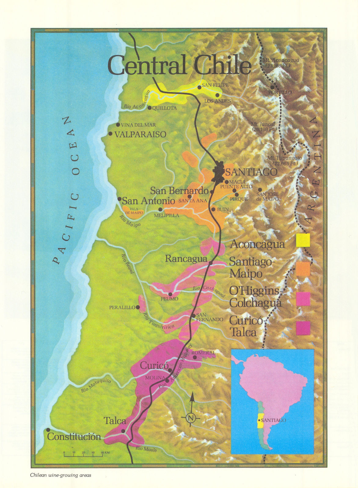 Chilean wine-growing regions. Aconcagua Maipo Colchagua Curico Maule 1979 map