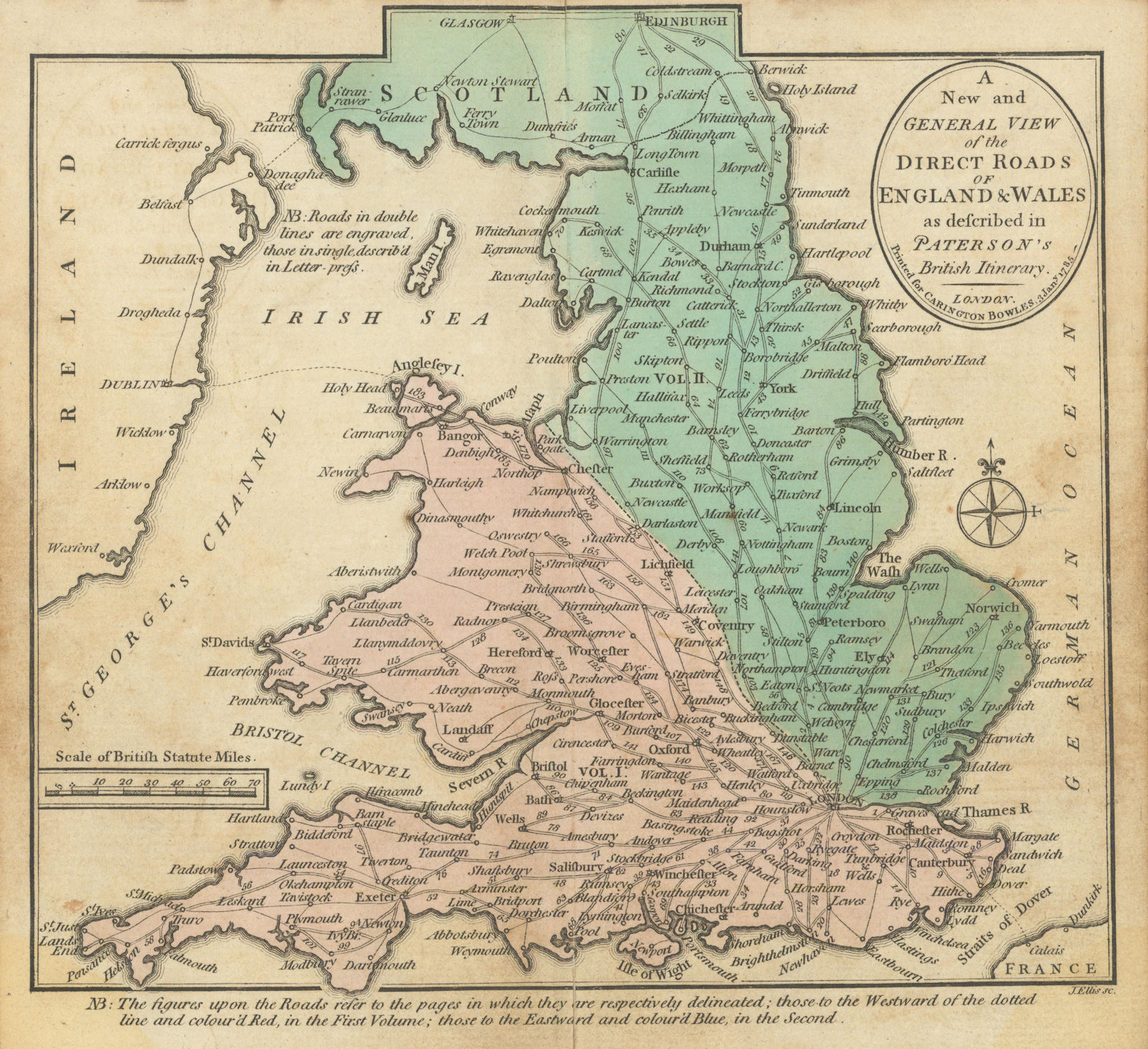 A New and General view of the Direct Roads of England & Wales. PATERSON 1785 map