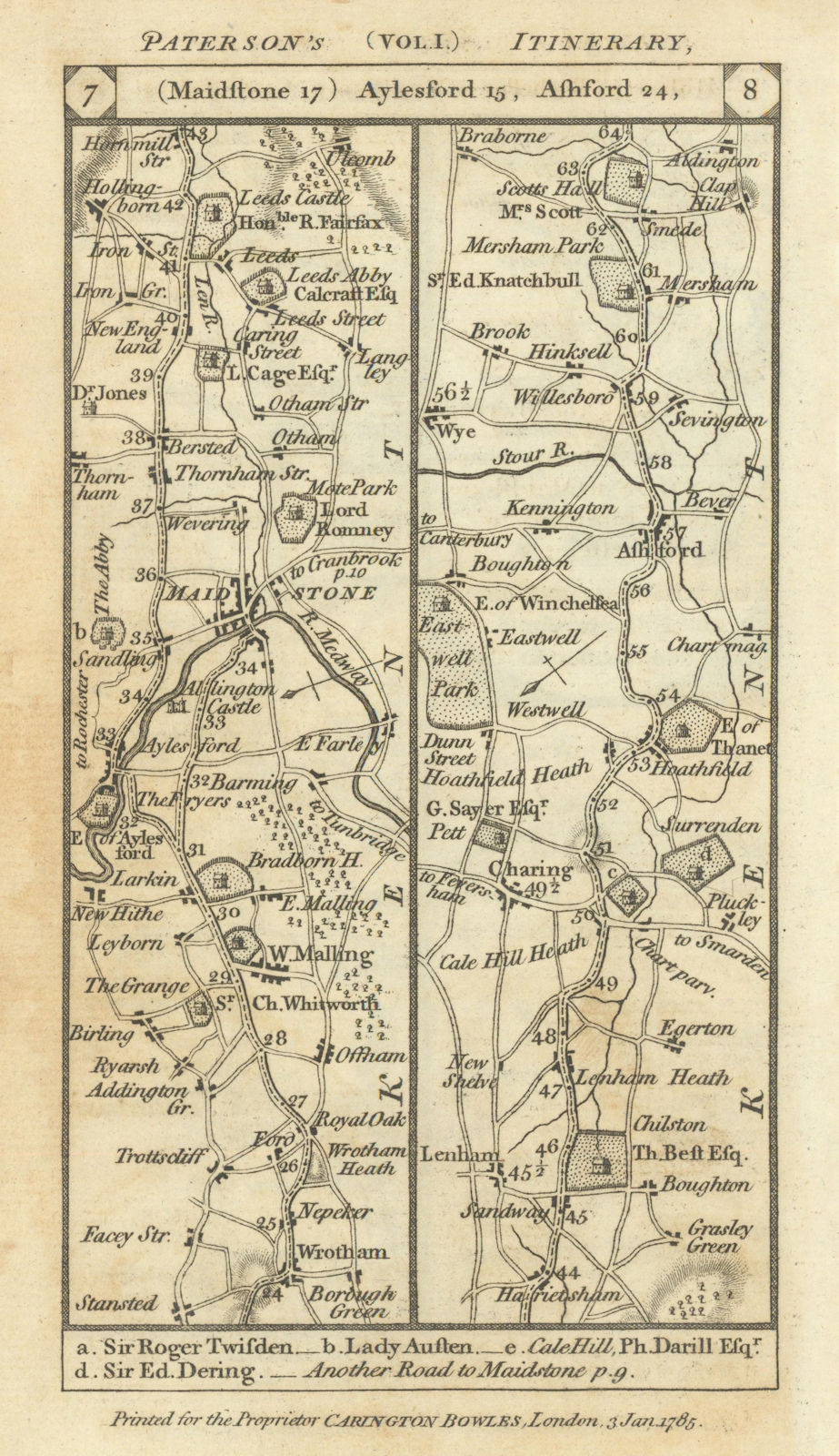 Associate Product Wrotham-Aylesford-Maidstone-Ashford-Mersham road strip map PATERSON 1785